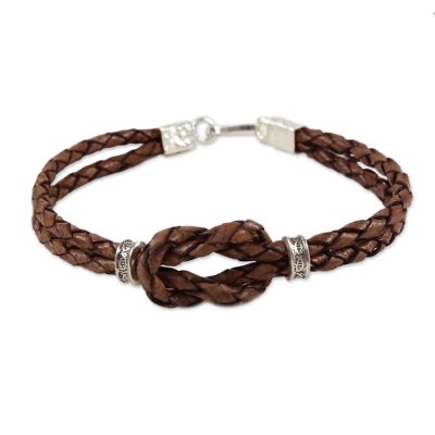 Silver accented braided bracelet, 'Square Knot in Espresso' - Thai Hill Tribe Silver Accent Dark Brown Leather Bracelet