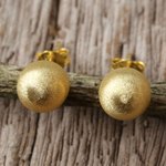 Gold plated sterling silver stud earrings, 'Gold Satin Orbs' - 18k Gold Plated Sterling Silver Stud Earrings from Thailand