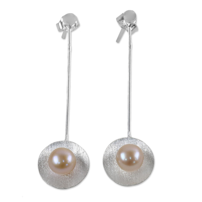 Cultured pearl drop earrings, 'Saucer Glow' - Cultured Pearl and Sterling Silver Earrings from Thailand