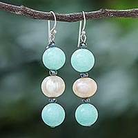 Multi-gemstone dangle earrings, 'Peach Center' - Cultured Pearl and Quartz Multi-Gem Earrings from Thailand