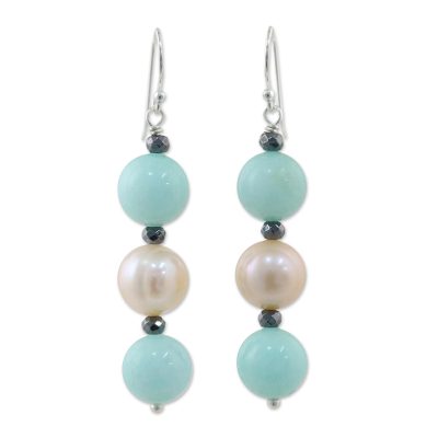 Multi-gemstone dangle earrings, 'Peach Center' - Cultured Pearl and Quartz Multi-Gem Earrings from Thailand