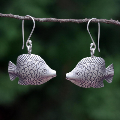 Silver dangle earrings, 'Karen Fishes' - Silver Dangle Earrings of Smiling Fish from Thailand
