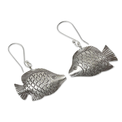 Silver dangle earrings, 'Karen Fishes' - Silver Dangle Earrings of Smiling Fish from Thailand