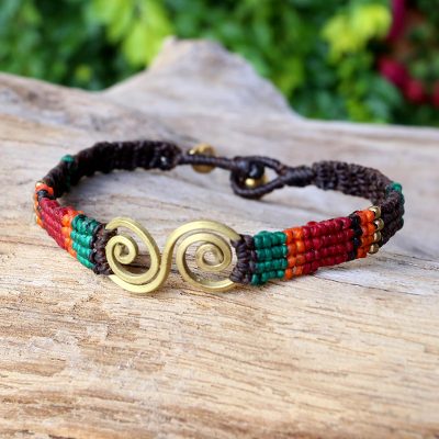 Brass pendant bracelet, 'Love Spiral' - Colorful Brass Pendant Woven Bracelet Crafted in Thailand