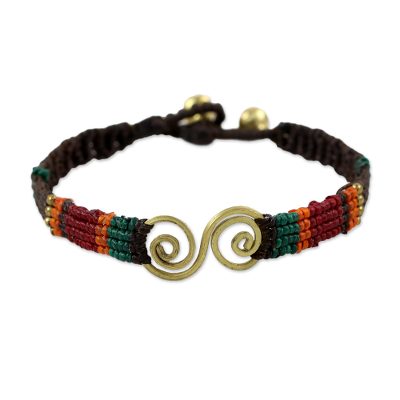 Brass pendant bracelet, 'Love Spiral' - Colorful Brass Pendant Woven Bracelet Crafted in Thailand