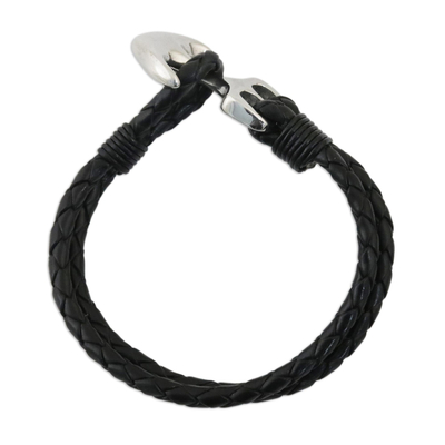 Leather wristband bracelet, 'Anchor Braid in Black' - Two-Strand Leather Braided Bracelet in Black from Thailand