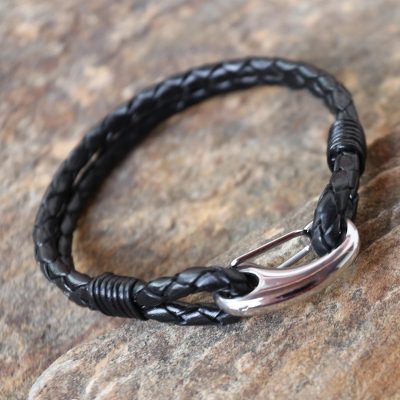 Handcrafted Black Leather Braided Bracelet From Thailand Leather Wristband Bracelet Braided In Black Handcrafted