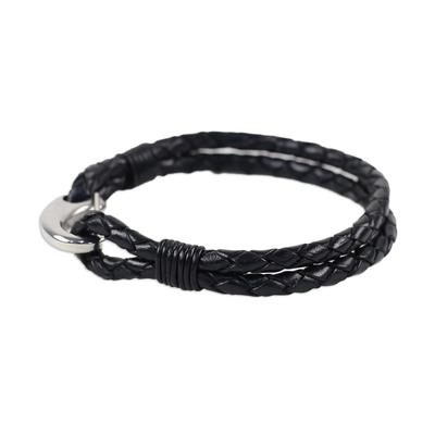 Handcrafted Black Leather Braided Bracelet from Thailand