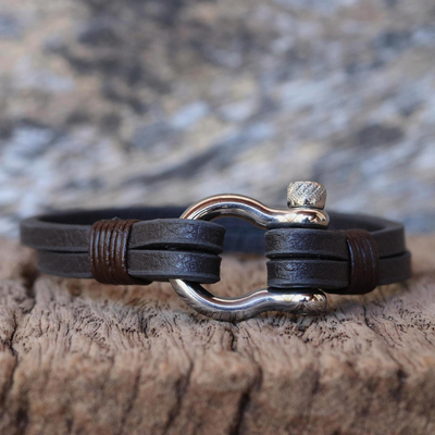 Leather wristband bracelet, 'Sleek Movement in Brown' - Handcrafted Brown Leather Wristband Bracelet from Thailand