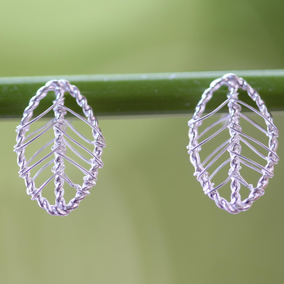 Sterling silver drop earrings, 'Lucky Leaf Wrap' - Artisan Crafted Sterling Silver Leaf Shaped Button Earrings