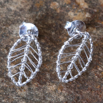 Sterling silver drop earrings, 'Lucky Leaf Wrap' - Artisan Crafted Sterling Silver Leaf Shaped Button Earrings