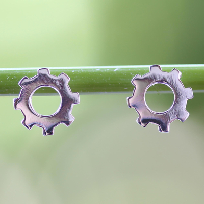 Sterling silver stud earrings, 'Gears Turning' - Silver Gear Earrings with High Polish Finish from Thailand
