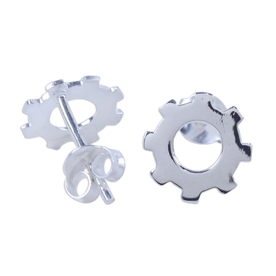 Sterling silver stud earrings, 'Gears Turning' - Silver Gear Earrings with High Polish Finish from Thailand
