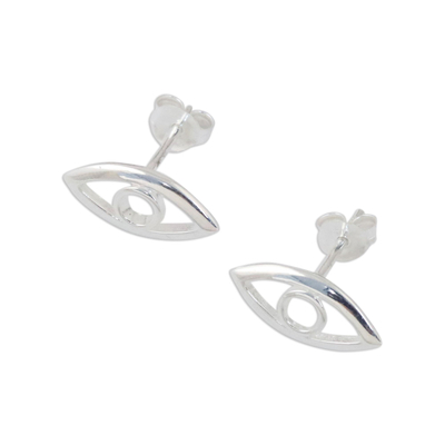 Sterling silver button earrings, 'Magic Eye' - Handcrafted Sterling Silver Button Earrings from Thailand