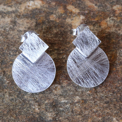 Sterling silver drop earrings, 'Modern View' - Circle and Rhombus Brushed Satin Sterling Silver Earrings
