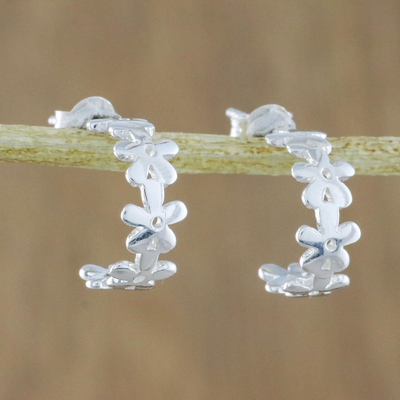 Sterling silver half-hoop earrings, 'Wondrous Blossoms' - Handcrafted Sterling Silver Floral Half-Hoop Earrings