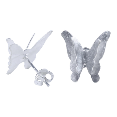 Sterling silver button earrings, '3-D Butterflies' - Sterling Silver 3-D Butterfly Earrings Crafted in Thailand