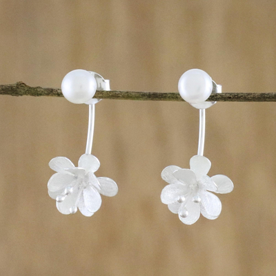 Cultured pearl drop earrings, 'Night Blossoms' - Handcrafted Cultured Pearl and Sterling Silver Drop Earrings
