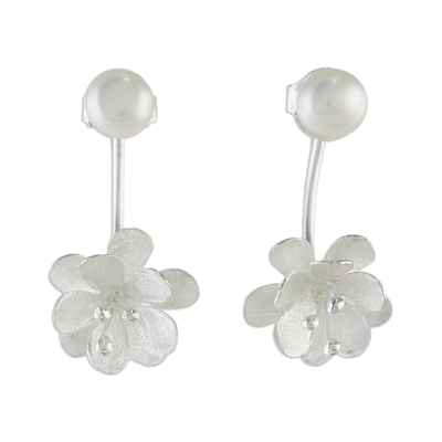 Cultured pearl drop earrings, 'Night Blossoms' - Handcrafted Cultured Pearl and Sterling Silver Drop Earrings