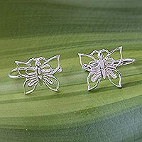 Pendientes de plata de ley, 'Mariposas recatadas' - Pendientes de mariposa de plata 925 hechos artesanalmente en Tailandia