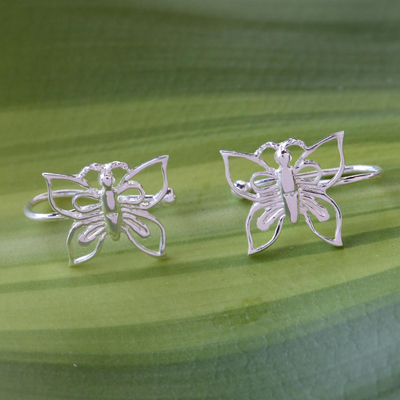 Sterling silver ear cuffs, 'Demure Butterflies' - 925 Silver Butterfly Ear Cuffs Artisan Crafted in Thailand