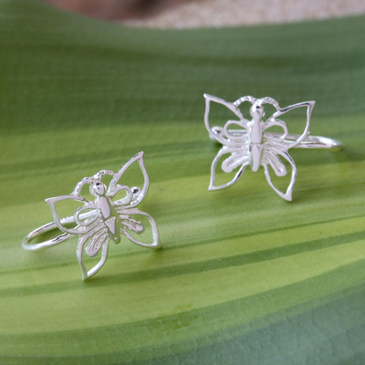 Ohrmanschetten aus Sterlingsilber - 925er-Silber-Schmetterlings-Ohrmanschetten, handwerklich gefertigt in Thailand