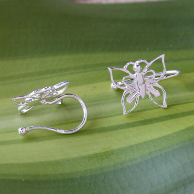 Sterling silver ear cuffs, 'Demure Butterflies' - 925 Silver Butterfly Ear Cuffs Artisan Crafted in Thailand