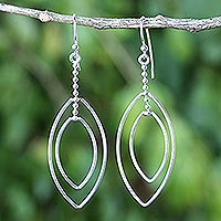 Sterling silver dangle earrings, 'Lotus Symmetry' - Long Sterling Silver Hook Earrings Handcrafted in Thailand