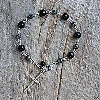 Onyx beaded bracelet, 'Etched Cross' - Onyx Hematite and 950 Silver Cross Bracelet from Thailand