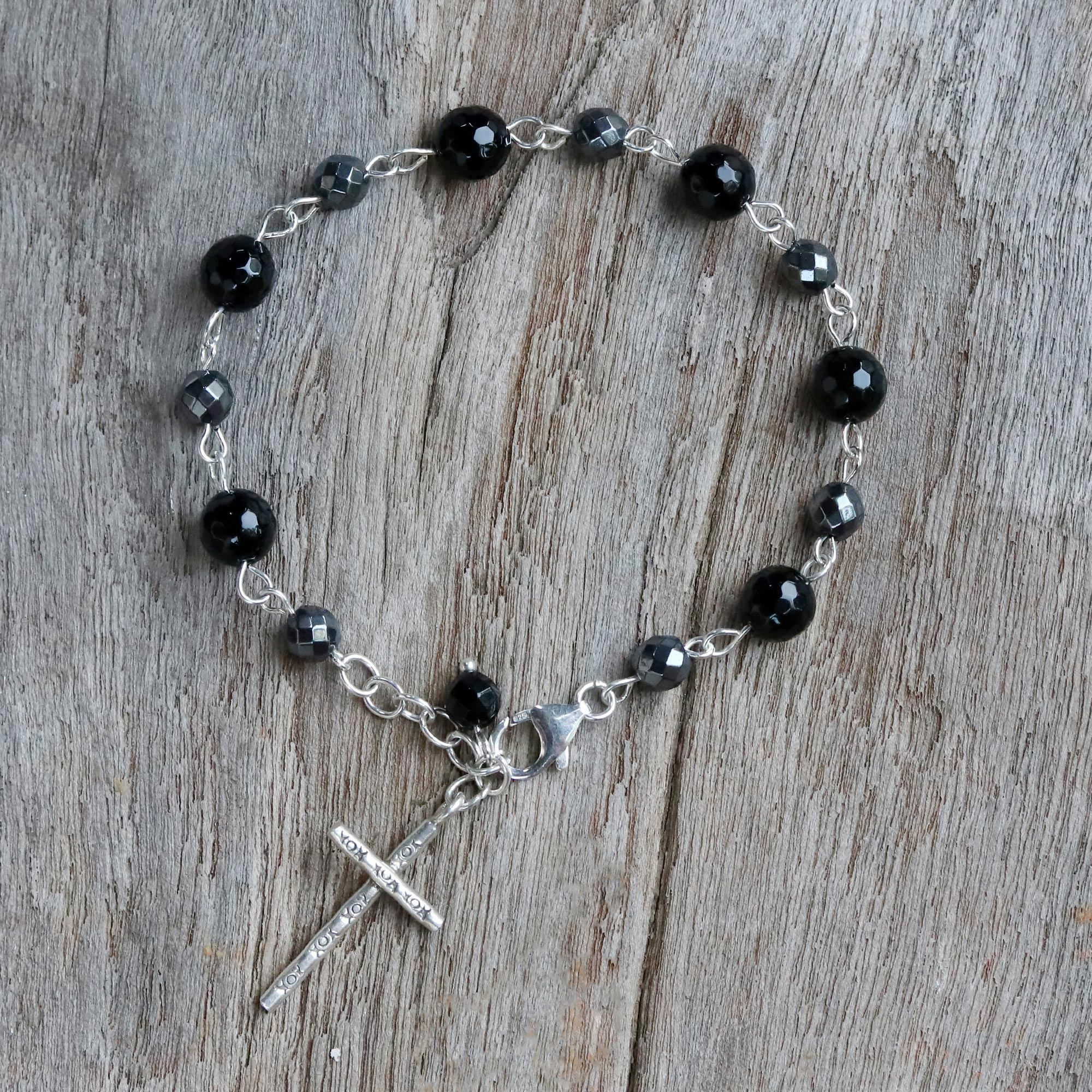 Onyx Hematite and 950 Silver Cross Bracelet from Thailand - Etched