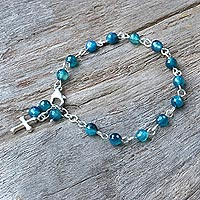 Blue agate beaded bracelet, 'Cross by the Sea' - Blue Agate and Sterling Silver Cross Bracelet from Thailand