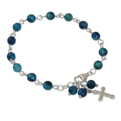 Blue Agate and Sterling Silver Cross Bracelet from Thailand