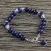 Thai Lapis Lazuli and Sterling Silver Beaded Bracelet,'Floral Deep'