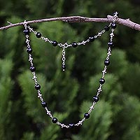 Onyx link necklace, 'Shining Clusters' - Onyx and 950 Karen Silver Link Necklace from Thailand