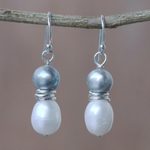 Cultured pearl dangle earrings, 'Luxurious Grey Glam' - Artisan Crafted Grey and White Cultured Pearl Hook Earrings