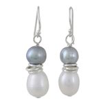 Cultured pearl dangle earrings, 'Luxurious Grey Glam' - Artisan Crafted Grey and White Cultured Pearl Hook Earrings