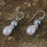 Cultured pearl dangle earrings, 'Luxurious Grey Glam' - Artisan Crafted Grey and White Cultured Pearl Hook Earrings