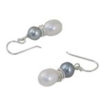 Cultured pearl dangle earrings, 'Luxurious Grey Glam' - Artisan Crafted Grey and White Cultured Pearl Hook Earrings
