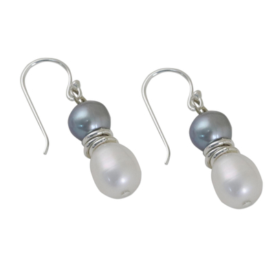 Cultured pearl dangle earrings, 'Luxurious Grey Glam' - Artisan Crafted Grey and White Cultured Pearl Hook Earrings