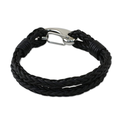 Leather wristband bracelet, 'Braided Duo' - Two-Strand Leather Wristband Bracelet from Thailand