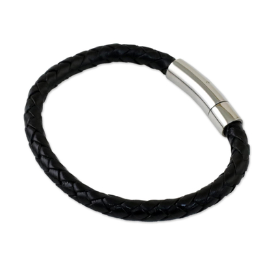 Leather wristband bracelet, 'Magical Braid in Black' - Black Braided Leather Wristband Bracelet from Thailand