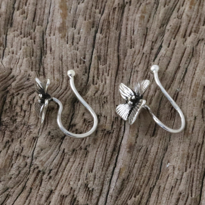 Sterling silver ear cuffs, 'Petite Orchids' - Sterling Silver Orchid Flower Ear Cuffs from Thailand