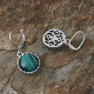 Malachite dangle earrings, 'Pointed Petals' - Sterling Silver and Malachite Dangle Earrings from Thailand
