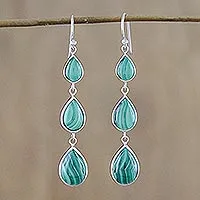 Malachite dangle earrings, 'Salt Water Drops' - Silver and Malachite Dangle Earrings from Thailand