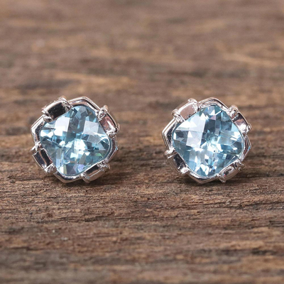 Rhodium Plated Blue Topaz Button Earrings from Thailand - Everyday ...