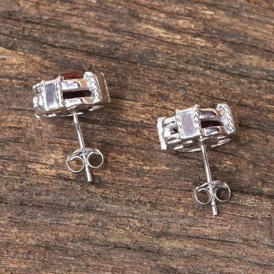Garnet button earrings, 'Everyday Glitz' - Rhodium Plated Garnet Button Earrings from Thailand