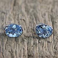 Rhodium Plated Blue Topaz Stud Earrings from Thailand,'Precious Gift'