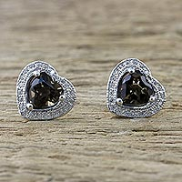 Smoky quartz stud earrings, 'Sparkling Hearts' - Smoky Quartz and Cubic Zirconia Heart Shaped Stud Earrings