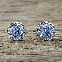 Blue topaz stud earrings, 'Glamour and Grace' - Blue Topaz and Cubic Zirconia Stud Earrings from Thailand