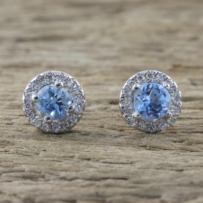 Blue topaz stud earrings, 'Glamour and Grace' - Blue Topaz and Cubic Zirconia Stud Earrings from Thailand